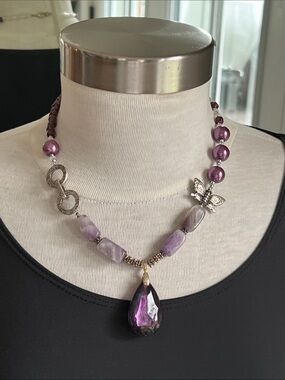 Purple Gemstone Teardrop Pendant Necklace with Butterfly Accent